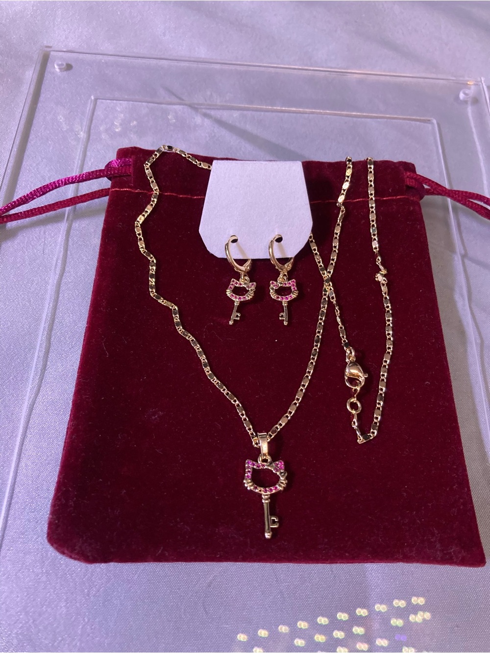 Gold Key Pendant Necklace and Hoop Earring Set with Pink Accents